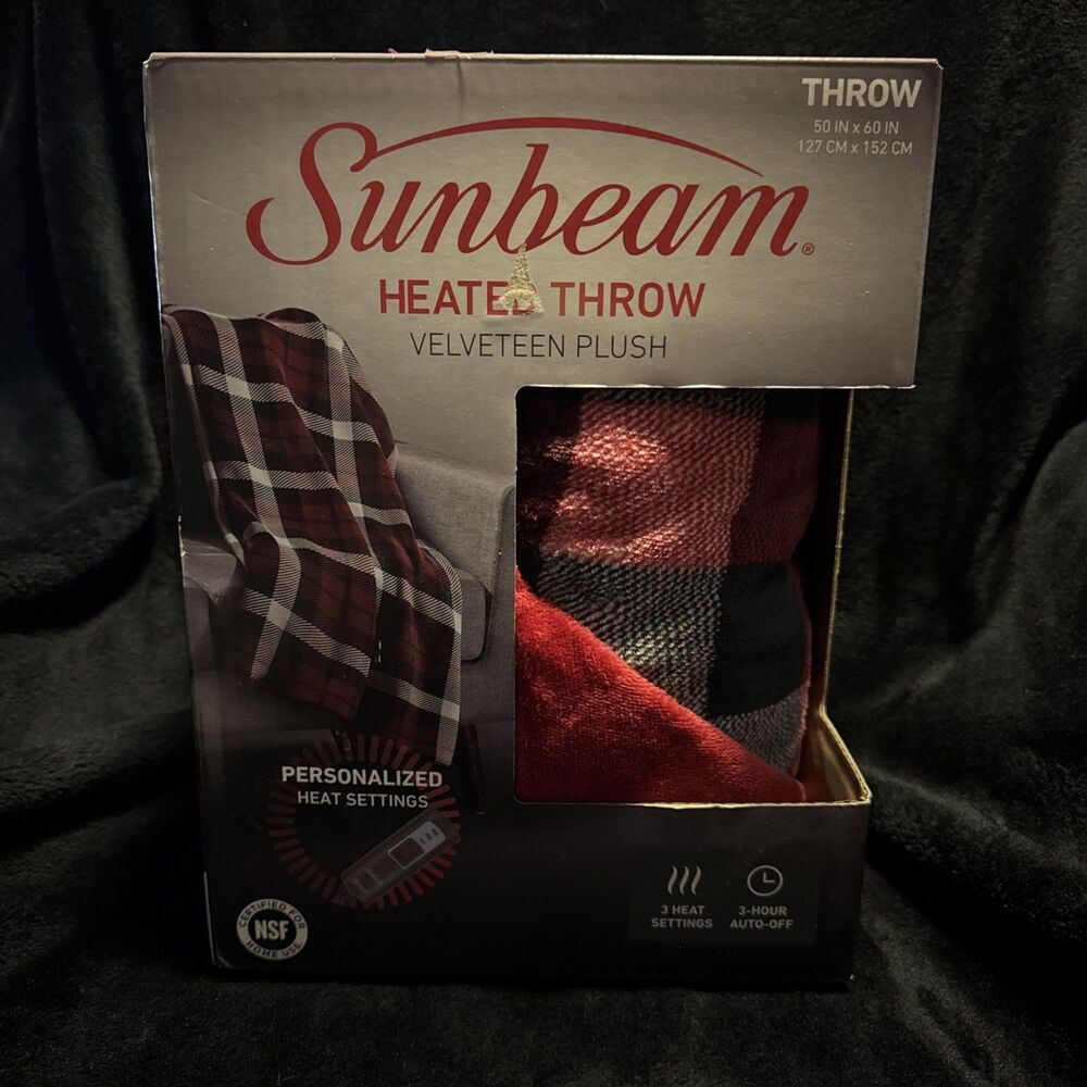 Sunbeam Velveteen Plush Heat Throw Red 50x60 Electric Blanket 3 Heat Setting